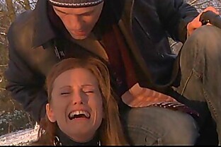 Harsh dominant torments his slave out in the cold